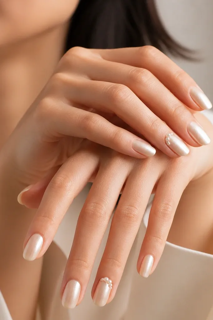 Medium oval nails coated in warm champagne pearl; the shine is soft and creamy with a subtle gradient, plus a few tiny pearl dots clustered near the cuticle on two accent nails.