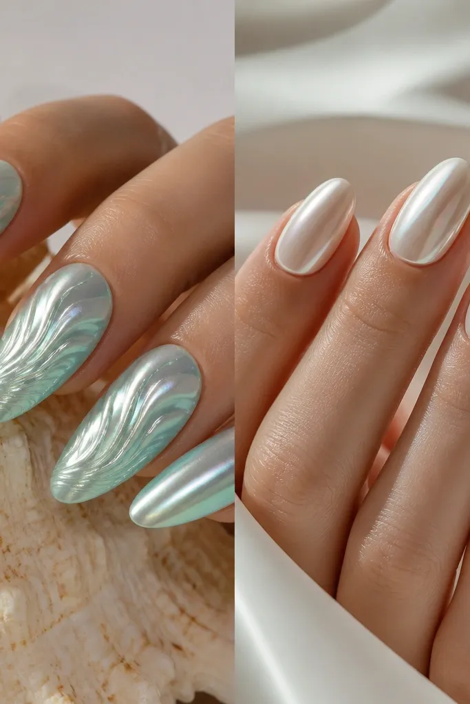 Long squoval nails with a seafoam-tinted milky base; chrome powder creates a swirl pattern over the mid-nail, with thin white ridges like shell grooves.
