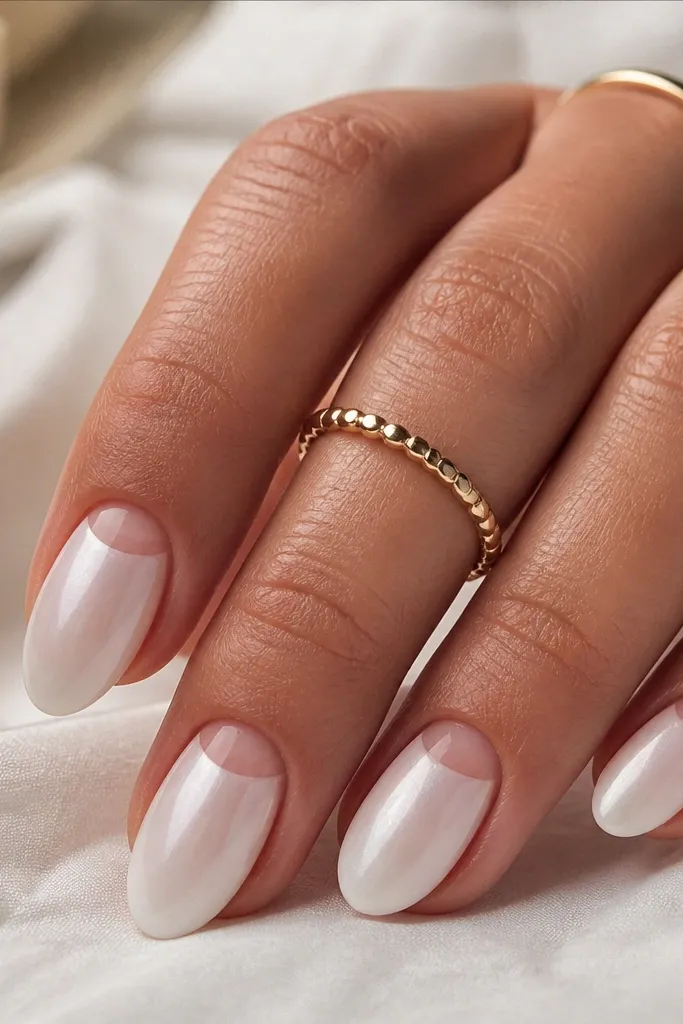 Short almond nails with a milky white base; a soft pearl fade covers the lower half of the nail, leaving a clean negative space half-moon near the cuticle.