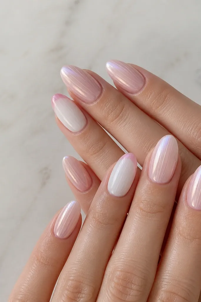 A mix set: most nails are soft pink opal chrome; two accent nails have a milky white base with pink chrome only on the tips; all nails have faint shell micro-lines.