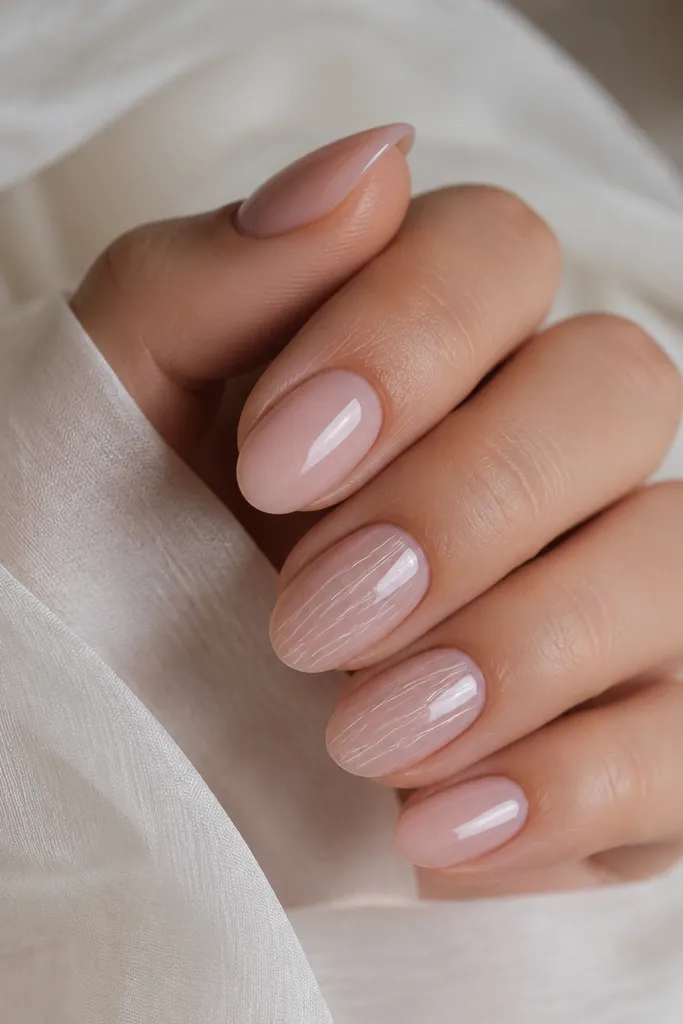 Oval nails in rose milk pearl; two nails have ultra-fine white stripes that look like shell veins, with a few micro dots along the stripes.