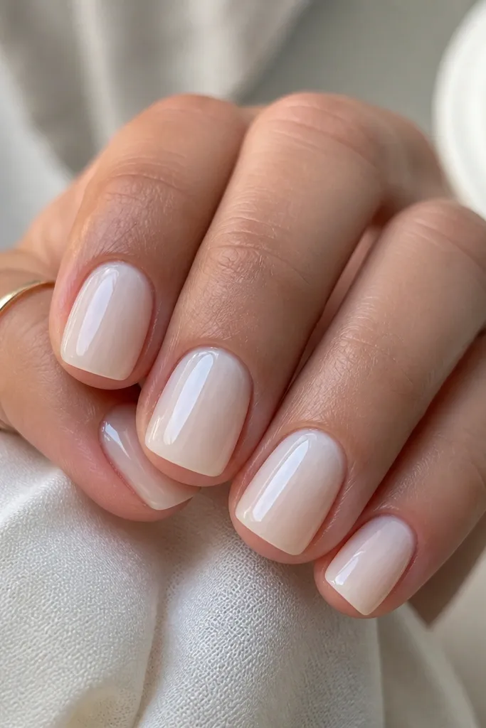 Clean short square nails with a milky pearl white finish; high-gloss shine makes the surface look like glass, with no extra art.