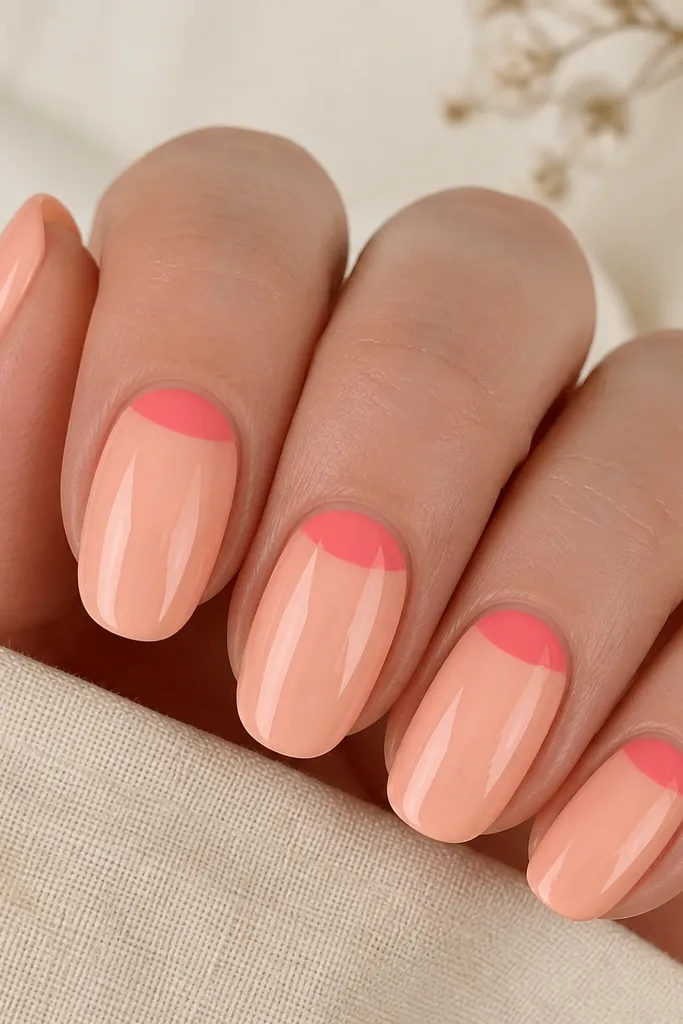 Four nails are painted milky peach and have crisp glossy coral half-moons at the cuticle; the rest of the nail is smooth, evenly opaque, and reflects light like glass.