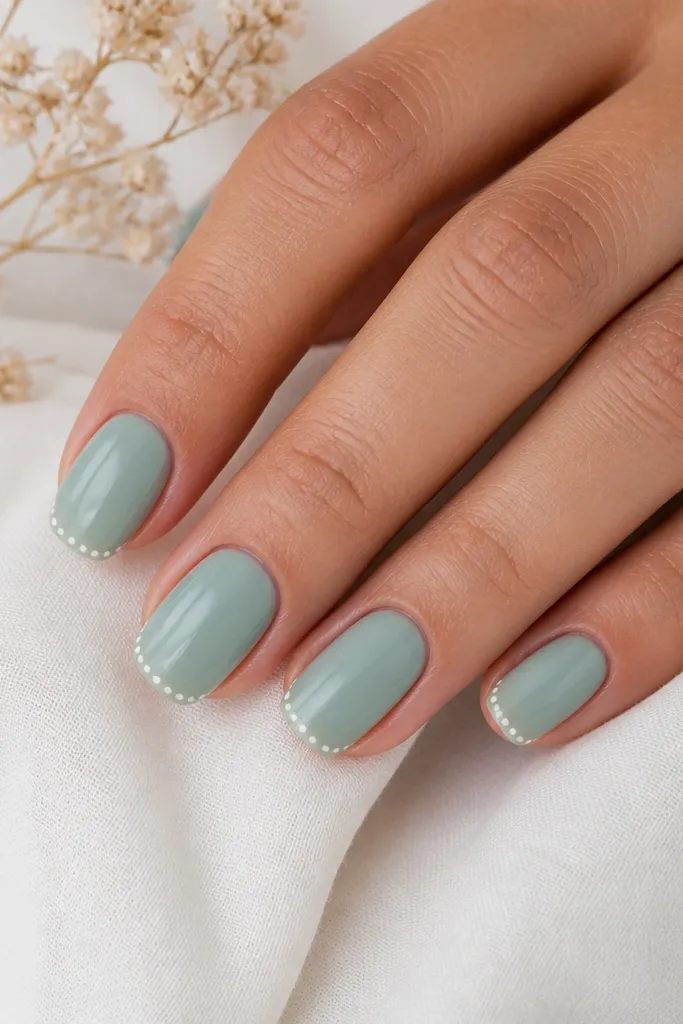 Seafoam green nails with a glossy finish, each tip has a thin white French line made from tiny dots, leaving clear negative space between dots.