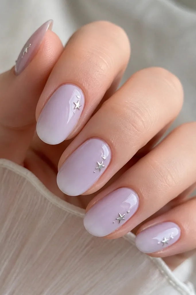 Lavender milky nails with a soft matte-to-glossy look; tiny silver star confetti sits near the side of each nail, with one star slightly larger for balance.