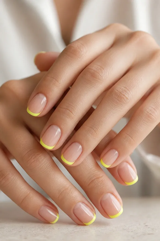 Clear or nude-pink nails with glossy finish; each tip has a thin neon yellow French line about 1 mm wide, very crisp and straight.