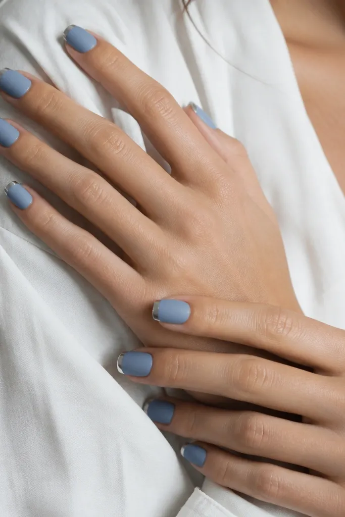 Matte powder blue nails with a mirror-like chrome band at the tips; the chrome is bright and reflective, forming a clean square edge line.