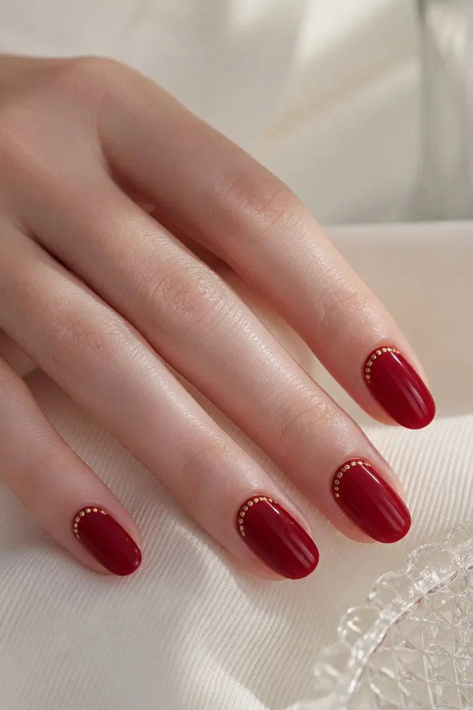 Deep strawberry red nails in full glossy finish; tiny gold dots sit right at the cuticle line on each nail, like a delicate ring.