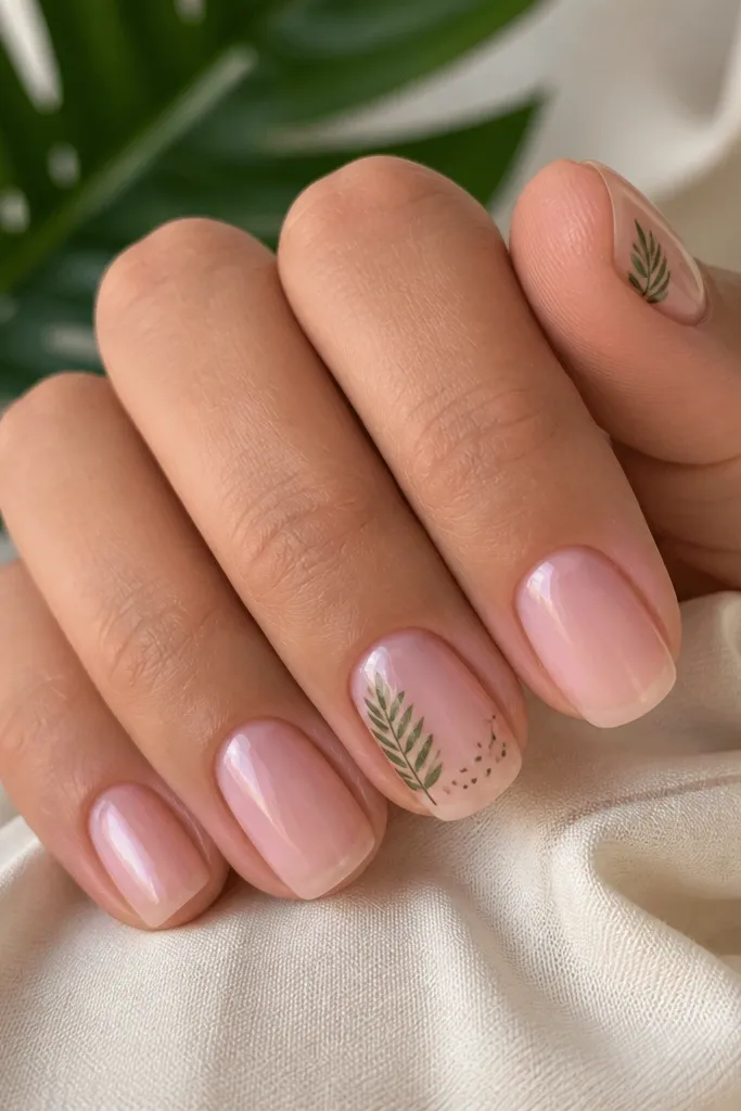 Clear pink nails with a glossy finish; one or two nails have small green tropical leaf designs near the side, with a few tiny dots in dark green.