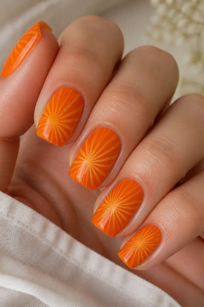Orange base with a sunburst pattern: thin yellow rays radiate from the center toward the corners of each square nail; glossy and crisp.