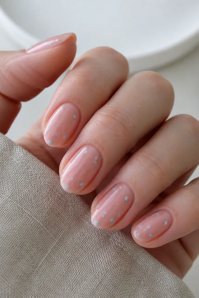 Rosewater nude nails with a soft glossy finish; tiny sky-blue dots are scattered like constellations across each nail, with one dot closer to the tip.