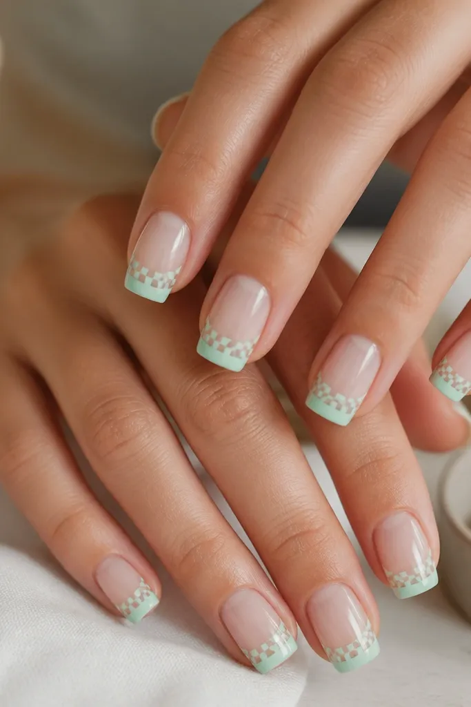 Clear base nails with a mint French tip; beneath the tip, small checkerboard squares appear in mint and clear, aligned neatly along the square edges.