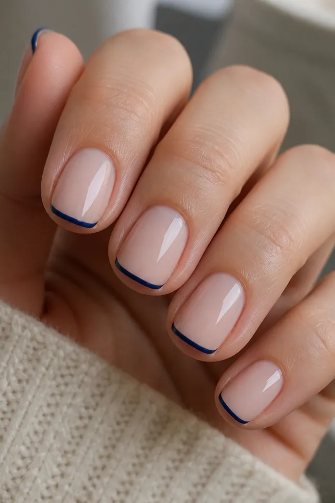 Short squoval nails with a sheer nude base and a very thin navy blue French tip line, centered and crisp, glossy finish.
