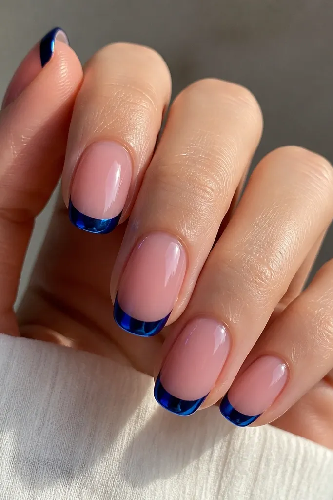 Sheer pink base with dark blue French tips that have a mirror-like chrome sheen, sharp smile line, reflective finish.