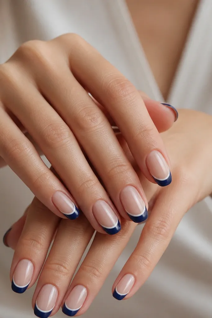 Nude base nails with navy French tips and a thin white line tracing the inner edge of the blue, glossy finish.
