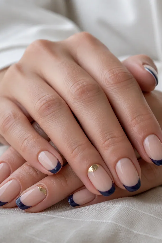 Nude base nails with navy French tips and a small gold foil half-moon near the cuticle on two accent nails, glossy finish.