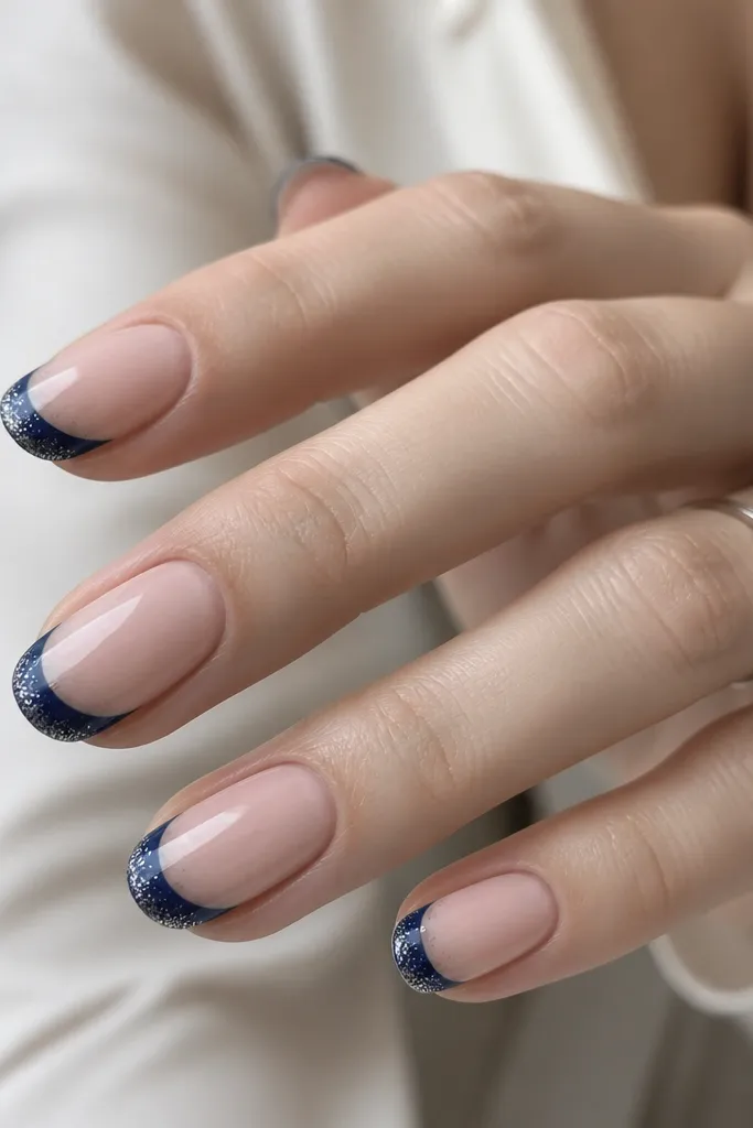 Nude base nails with dark blue French tips that transition into tiny silver glitter at the very edge, glossy finish.