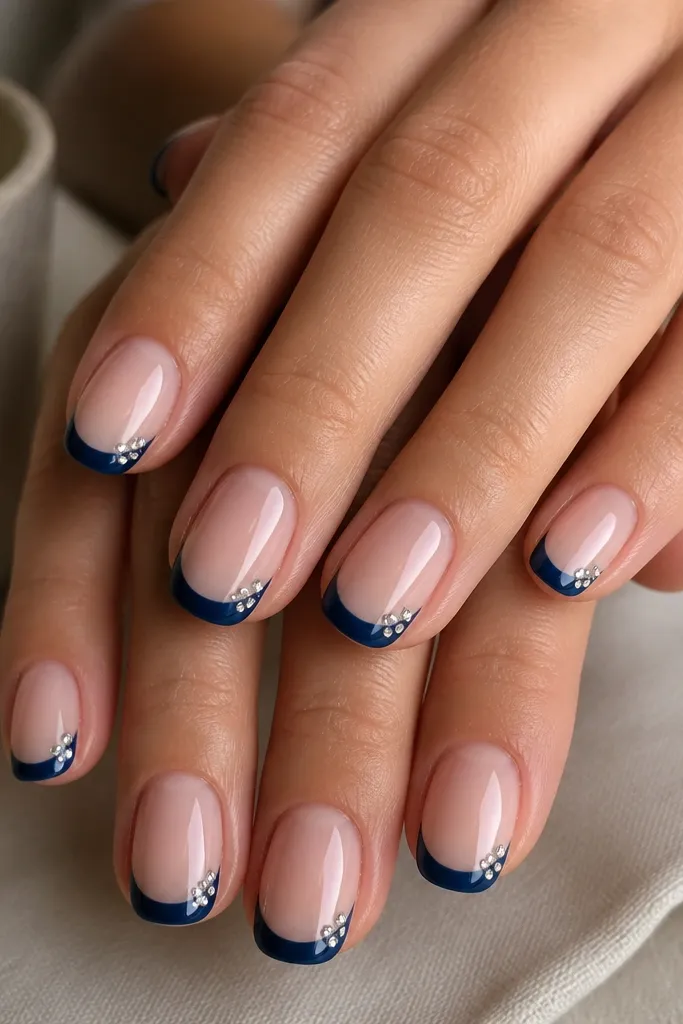 Short squoval nails with sheer nude base and navy French tips; two tiny clear rhinestones sit at the outer corners of each blue tip, glossy finish.