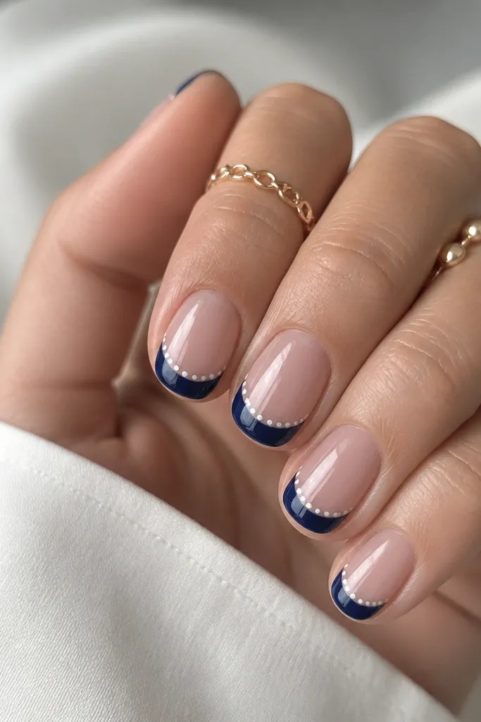 Short to medium nails with navy French tips; tiny white polka dots sit just under the smile line on the nude area, glossy finish.