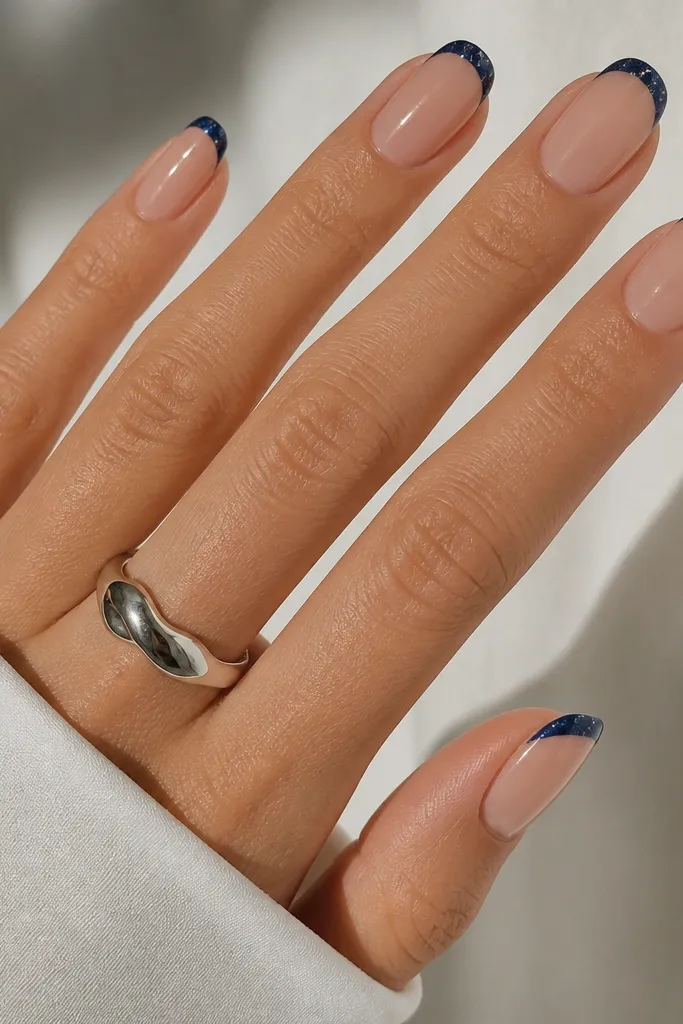 Nude base nails with navy French tips; the tips have a glitter top coat layer only, leaving nude and base mostly matte-smooth, glossy finish on tips.
