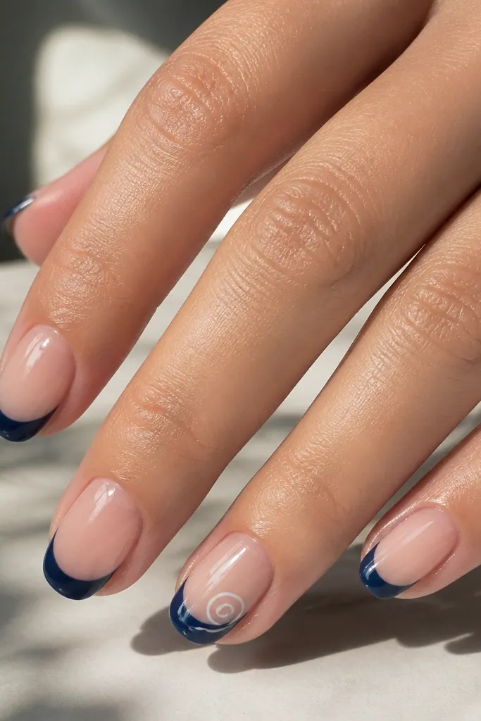 Nude base nails with navy French tips; ring finger has a tiny white micro swirl inside the blue tip area, glossy finish.