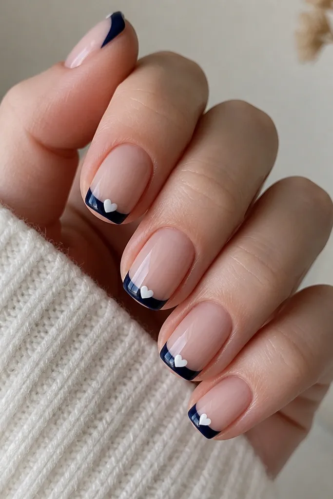 Short squoval nails with navy French tips; each tip has a tiny white heart centered near the tip edge, glossy finish.