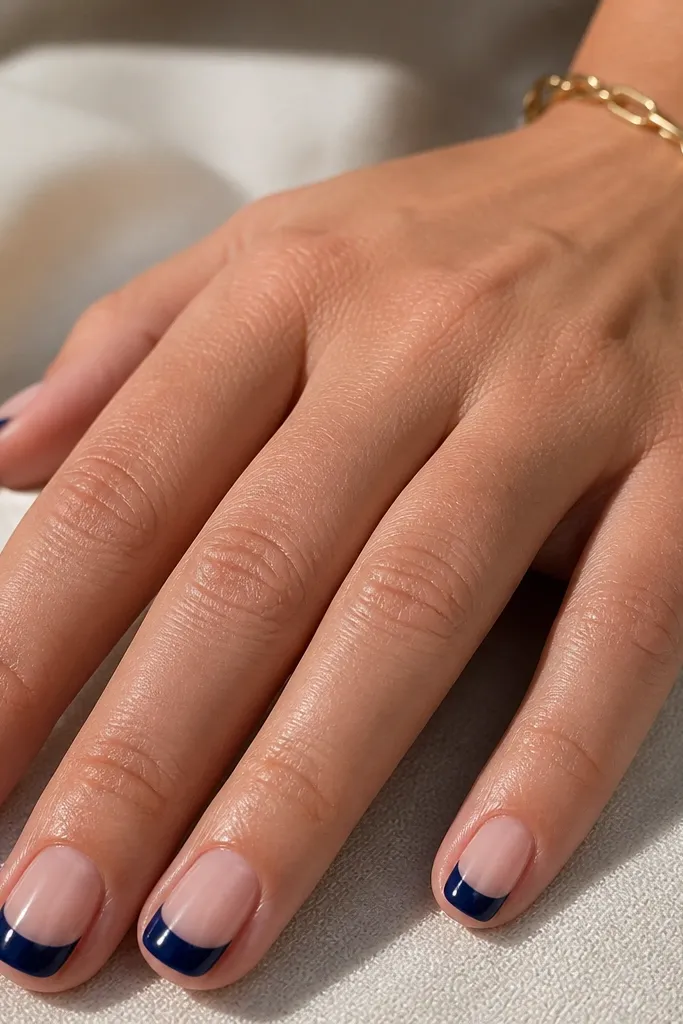 Nude base nails with a slightly thicker navy French tip area, super glossy, smooth surface, short-to-medium length.