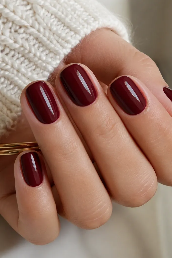 Short squoval acrylic nails in dark cherry red. The shape is rounded at the corners and straight across the tip. The apex sits centered, and the gloss is high with a smooth, even shine.