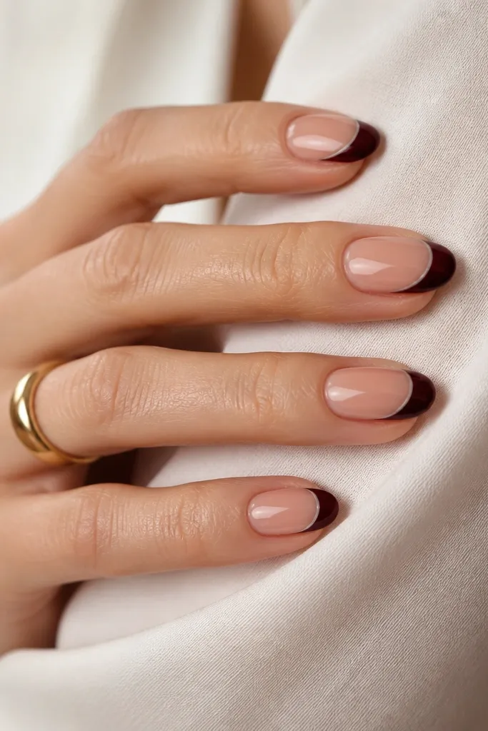 Nails with a dark cherry red French tip. A very thin black line sits between the red tip and the nude base, creating a crisp outline. The nails are short almond with a glossy finish.