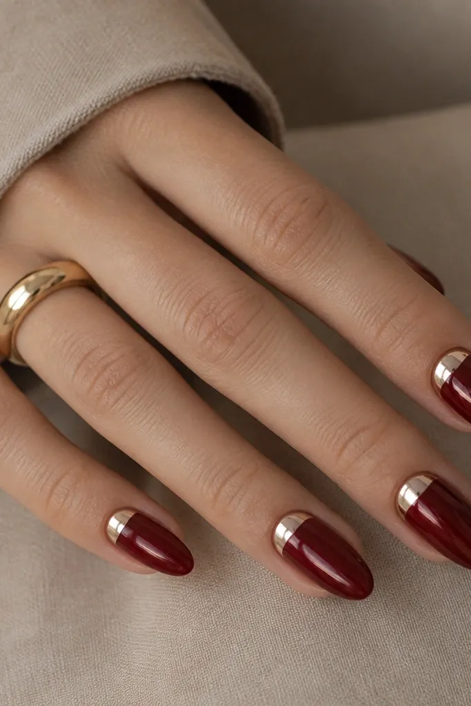 Almond nails with a dark cherry red base. A chrome half-moon sits at the cuticle area, like a metallic crescent. The rest of the nail is glossy cherry red.
