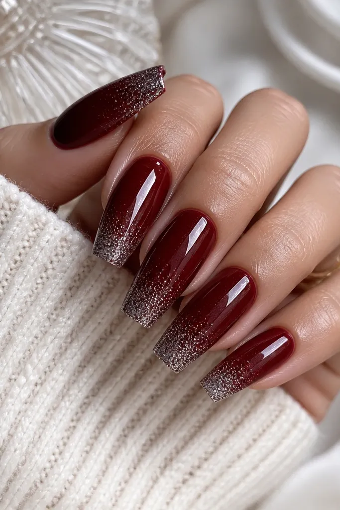 Coffin nails in dark cherry red with a sparkle dust gradient. Fine silver glitter concentrates near the tips and fades toward the middle. Glossy top coat over everything.