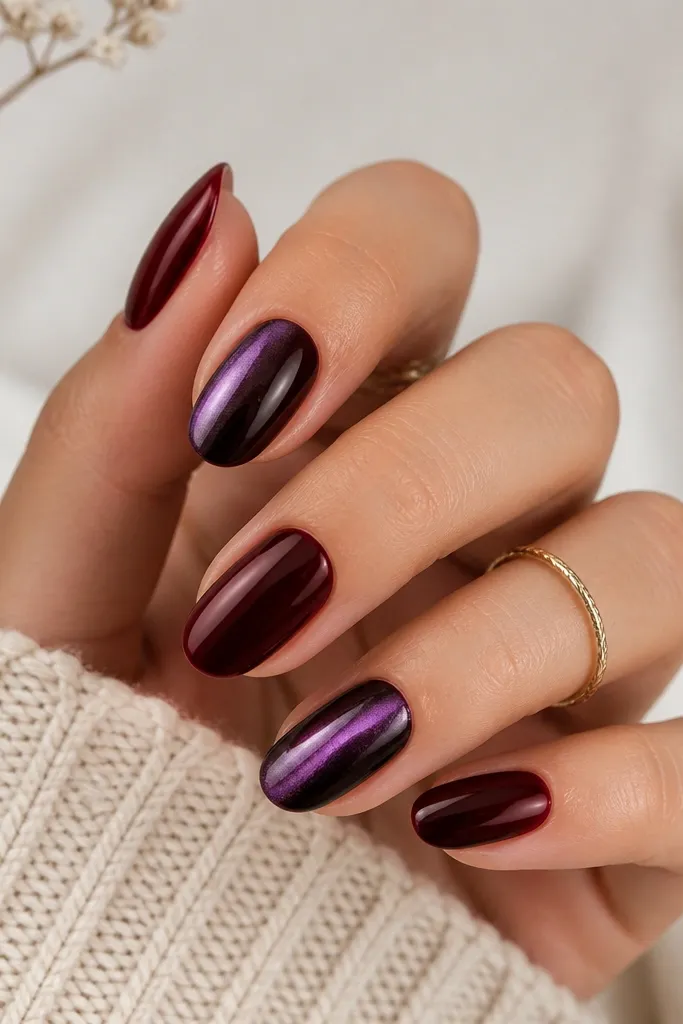 Most nails are solid dark cherry red glossy. One or two accent nails show a duo chrome shift - purple-to-black shimmer - with a smooth reflective finish.
