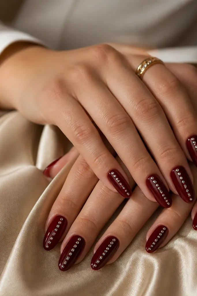 Dark cherry red nails with a single thin vertical line of micro rhinestones along one side of each nail. The rhinestones are spaced evenly and catch light. Nails are medium almond with glossy finish.