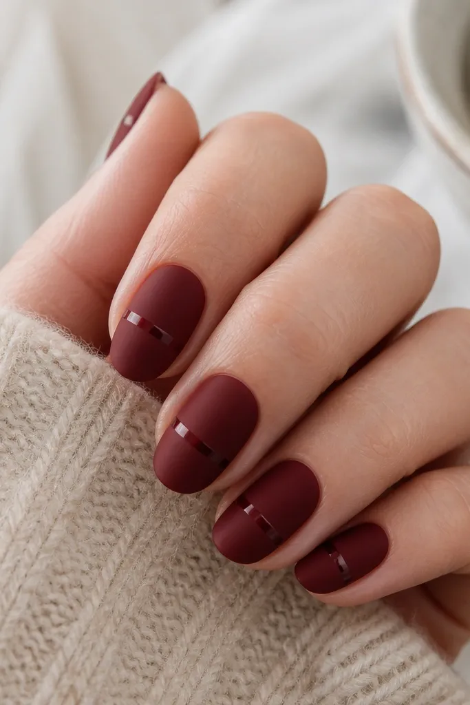 Dark cherry red nails with a matte finish overall. One thin horizontal stripe across each nail is glossy, creating a shiny band. Nails are short almond and evenly shaped.