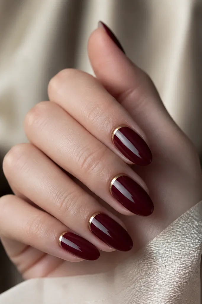 Dark cherry red acrylic nails with a thin gold foil crescent hugging the cuticle on each nail, glossy finish, almond shape.