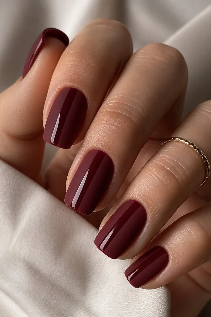 Matte maroon nails with a single glossy vertical stripe in deeper cherry red running down the center, squoval shape.
