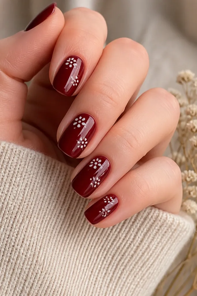 Dark cherry red nails with scattered tiny white dot clusters near the upper half, like small blossoms, glossy finish.