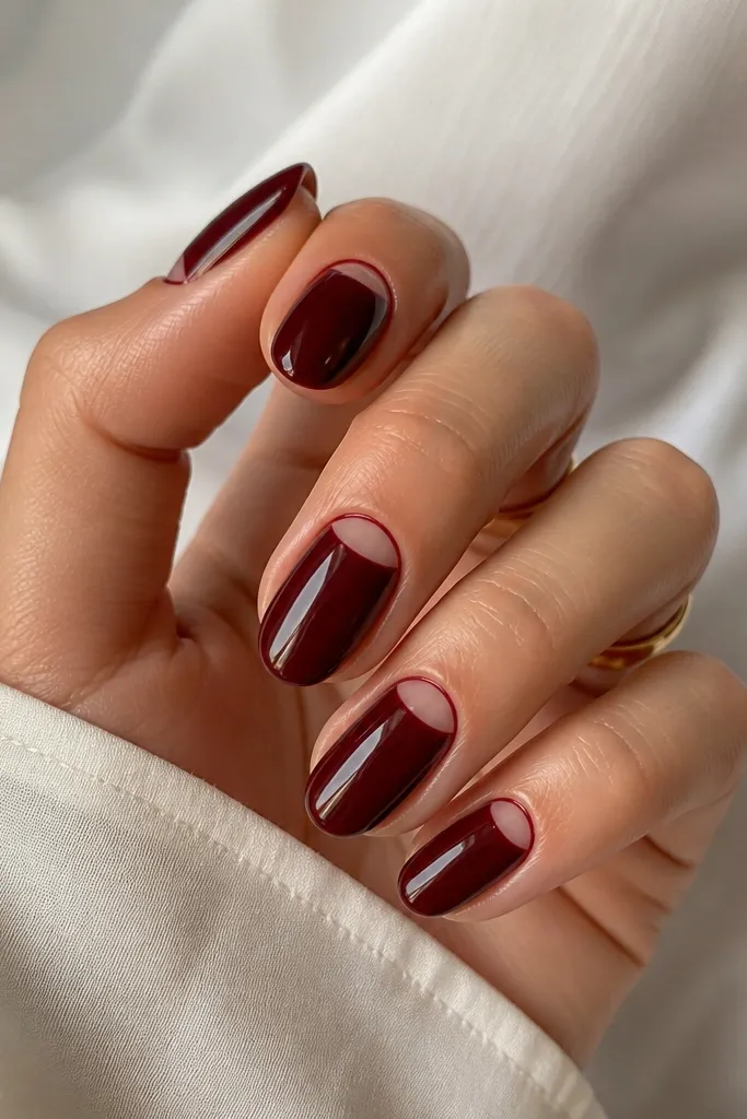 Dark cherry red nails with a clean half-moon negative space at the cuticle, outlined with a thin red line, glossy top coat.