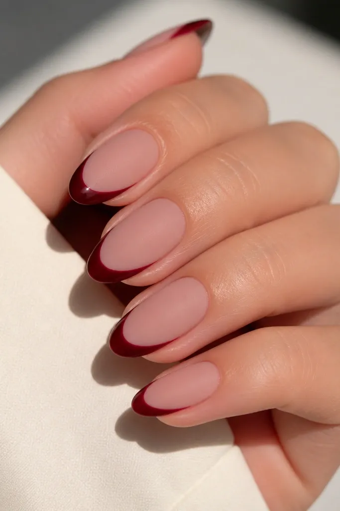 Nude base nails with matte velvet texture and dark cherry red French tips, glossy on the French edge only, almond shape.