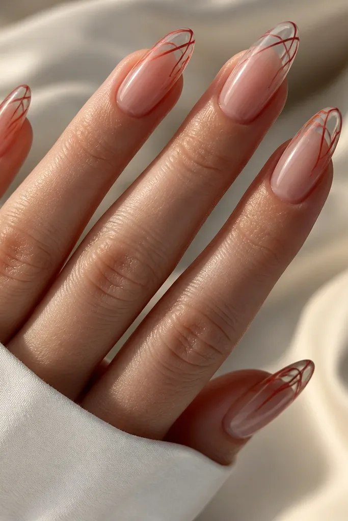 Clear negative tips at the ends with thin cherry red and red chrome linework across the clear area, glossy, almond nails.