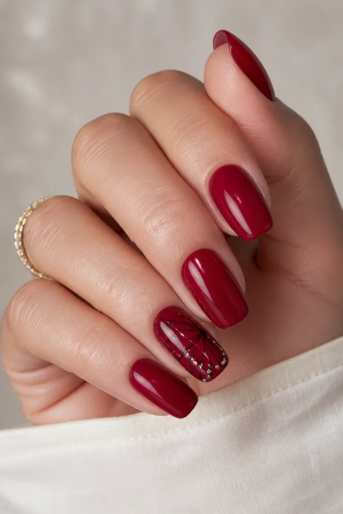 Solid dark cherry red nails with one butterfly wing shape on an accent nail, made from thin black lines and a few micro rhinestones at the wing tips, glossy.