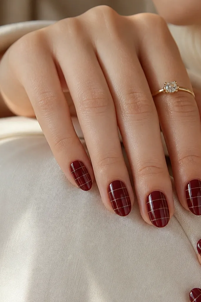 Dark cherry red nails with a grid pattern made from thin nude lines forming small squares, glossy, short almond.