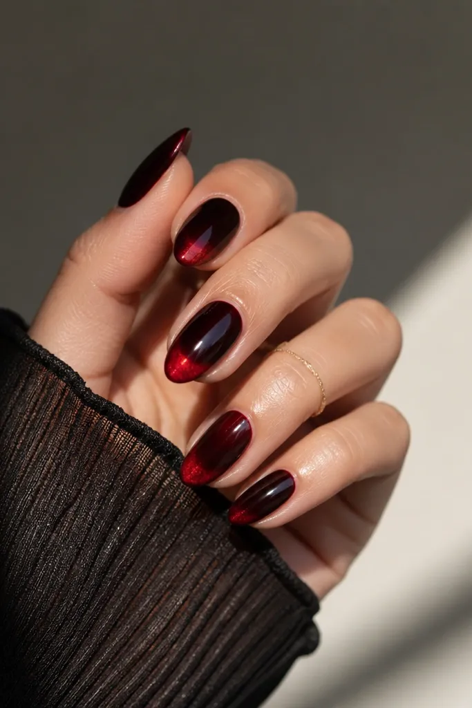 Deep black-cherry cat-eye nails with a red shift glow concentrated near the tip, glossy, almond shape.