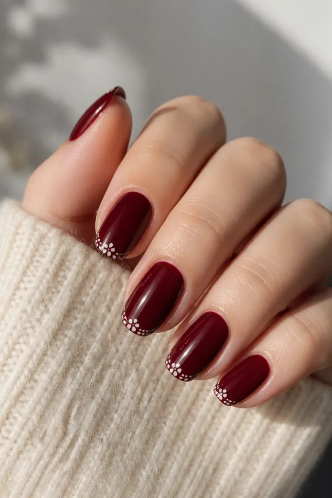 Dark cherry red nails with a thin French tip, and tiny white petal-like dots arranged in small flower clusters at the very tip, glossy.
