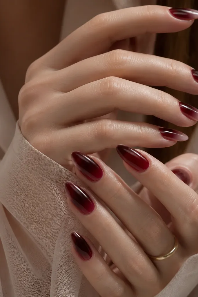Oxblood and dark cherry ombre fading into a clear or nude tip, glossy, medium almond nails.