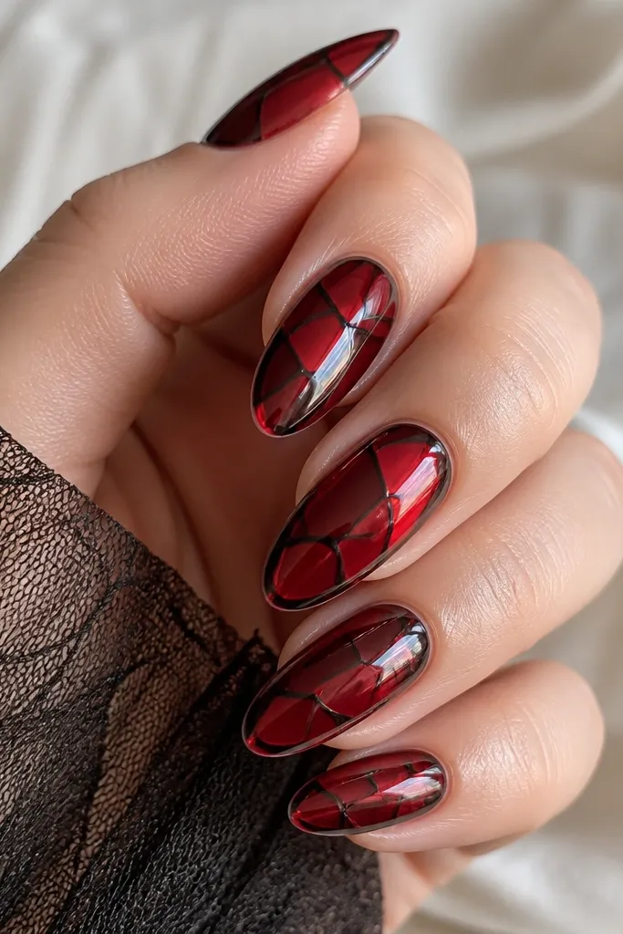 Dark cherry red nails with stained glass effect: translucent panels in red, black outlines, and glossy domed finish, almond nails.
