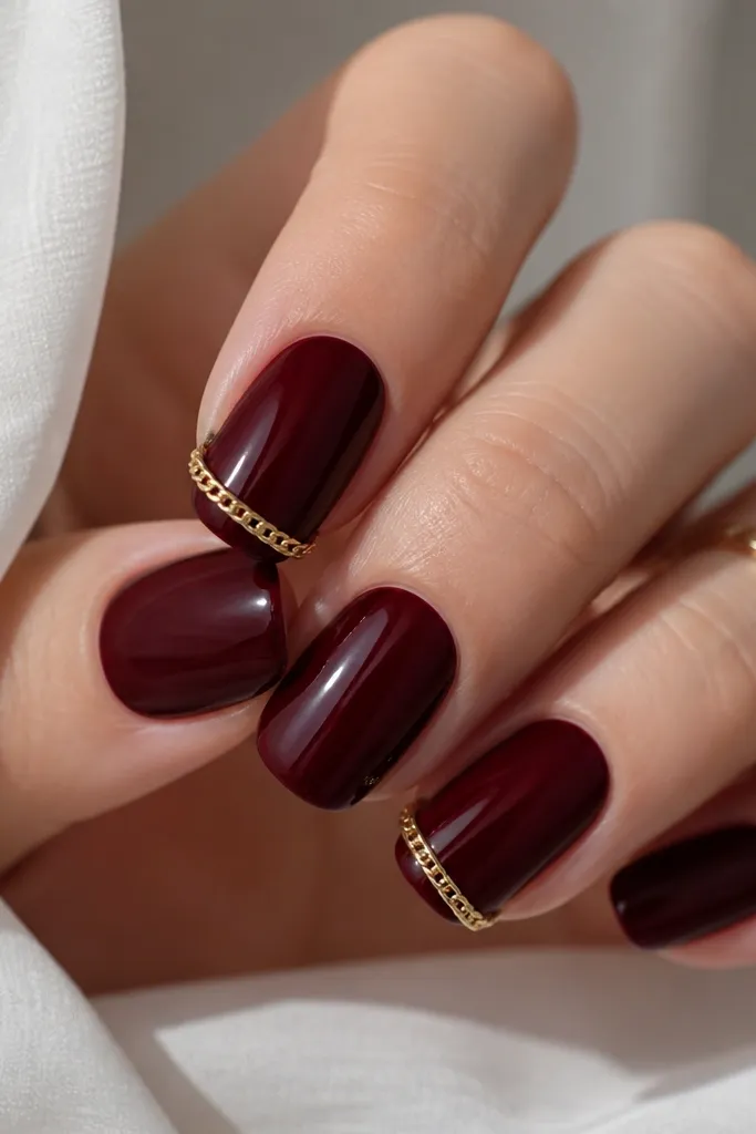 Dark cherry red nails with a tiny gold chain link strip placed across the tip edge on one or two nails, glossy.