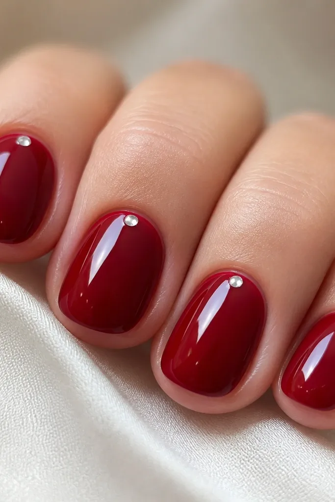 Close-up of short rounded nails painted a deep cherry red with a mirror-like gloss. Each nail has a single tiny dot of clear or white gel at the cuticle center, like a small bead of light. No other art, just clean shine and smooth edges.