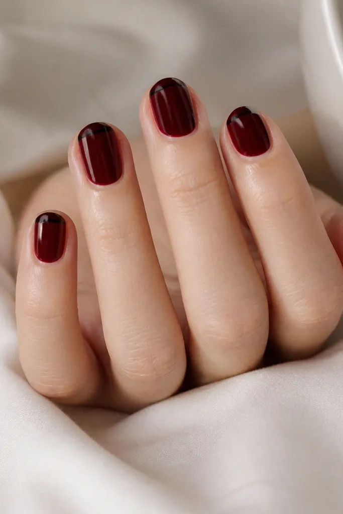 Short rounded nails in dark cherry red with a super thin black line at the tip, like a micro French. The black line is crisp and straight, and the cherry base is glossy like lacquer.