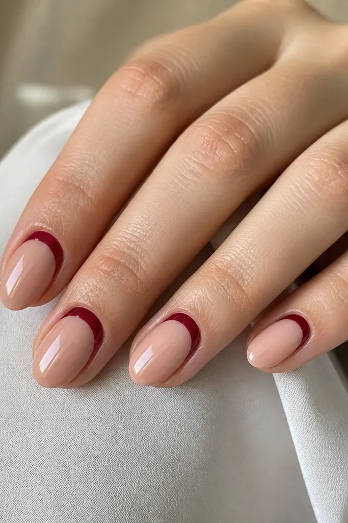 Short almond nails with a blush nude base. The cuticle area has a deep cherry red reverse French arc that wraps along the lower half of the nail, leaving the rest nude. Everything is glossy.